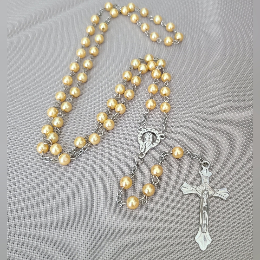 Gold Pearl Rosary Necklace with Crucifix, Prayer Beads